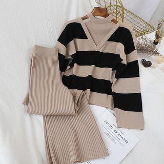 Mock Two-piece Striped Knit Top + High-waist Pants Set