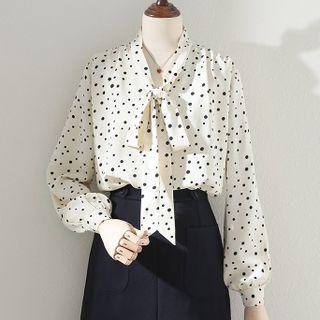 Lantern-sleeve Polka Dot Bow Shirt