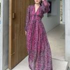 Long-sleeve V-neck Floral Print Maxi A-line Dress