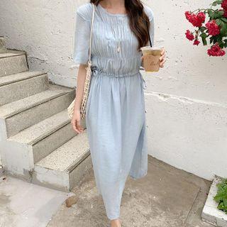 Drawstring-waist Ruffled Short-sleeve Midi A-line Dress Sky Blue - One Size