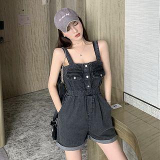 Sleeveless Roll Up Pocket Detail Denim Playsuit