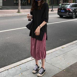 Side-slit Elbow-sleeve Oversize T-shirt / Drawstring Midi Skirt