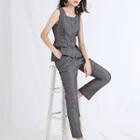 Set: Square-neck Sleeveless Top + High Waist Straight-cut Pants