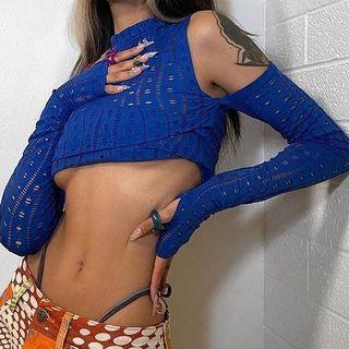 Long-sleeve Cold-shoulder Perforated Crop Top