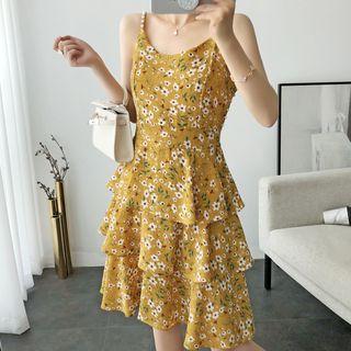 Spaghetti Strap Floral A-line Mini Tiered Dress