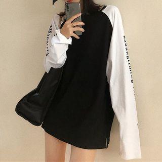 Long-sleeve Oversized Letter T-shirt Black & White - One Size