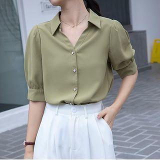 Puff-sleeve Plain Chiffon Shirt