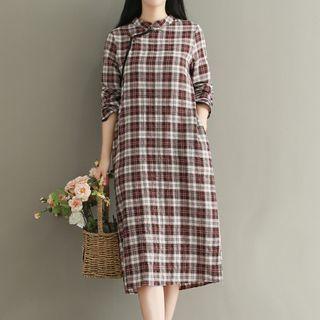 Plaid Long-sleeve Mandarin Collar Midi Dress