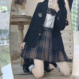 Single-breasted Blazer / Shirt / Plaid Mini A-line Skirt / Bowtie / Set