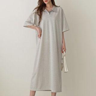 Contrast-collar Stripe Midi T-shirt Dress