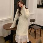 Long-sleeve Lace Hem Knit Midi Dress