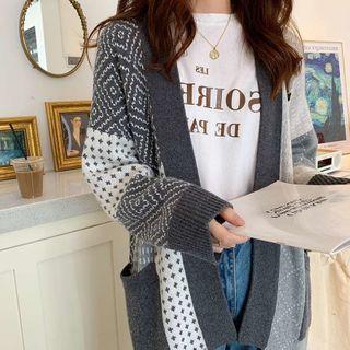 Patterned Color Block Open Back Midi Cardigan As Shown In Figure - One Size