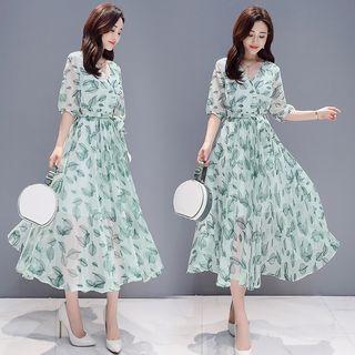 Elbow-sleeve Leaf Print Midi A-line Dress