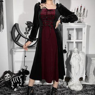 Long-sleeve Two-tone Lace-up Velvet Midi A-line Dress