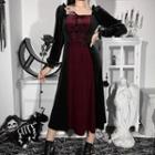 Long-sleeve Two-tone Lace-up Velvet Midi A-line Dress