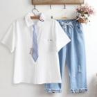 Short-sleeve Japanese Character Embroidered Shirt / Necktie / Straight-fit Jeans / Set