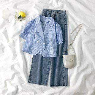 Plaid Double-breasted Short-sleeve Blazer / Wide-leg Jeans