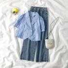 Plaid Double-breasted Short-sleeve Blazer / Wide-leg Jeans