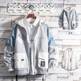 Set: Long-sleeve Shirt + Hooded Lettering Zip Cargo Jacket