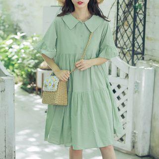 Elbow-sleeve Collar Mini A-line Dress