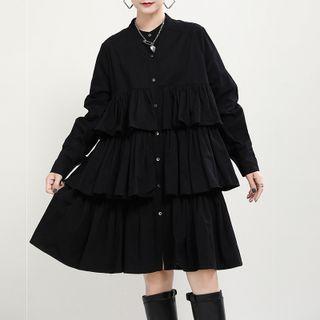 Long-sleeve Button-up Dress Black - One Size