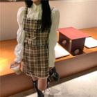 Puff-sleeve Blouse / Plaid Button-up Vest / Mini Skirt