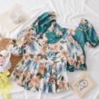 Flower-print U-neck Blouse