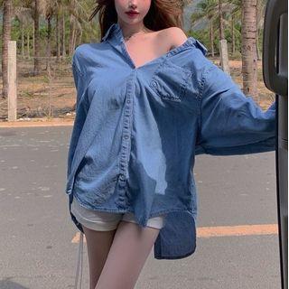 Long-sleeve Denim Tie-back Shirt Blue - One Size