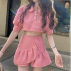 Puff-sleeve Cropped Blouse / Ruffle Mini A-line Skirt