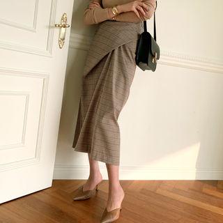 Self-tie Maxi Plaid Skirt Beige - One Size