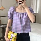 Plaid Square-neck Short-sleeve Top