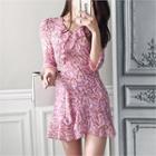 3/4-sleeve Floral Chiffon Surplice-wrap Dress