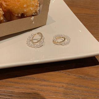 Rhinestone Faux Pearl Circle Stud Earring 1 Pair - White Pearl - Gold - One Size
