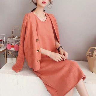 Set: V-neck Cardigan + Knit Tank Dress