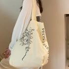 Floral Lettering Print Canvas Tote Bag Off-white - One Size