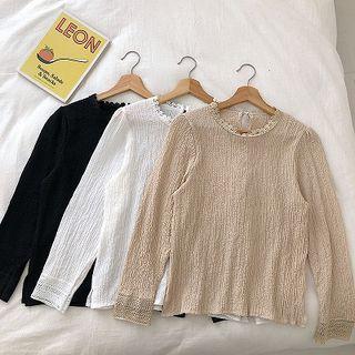 Plain Frilled Eyelet Lace Crewneck Long-sleeve Blouse