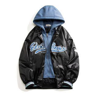 Mock Two-piece Hooded Lettering Faux Leather Zip Jacket