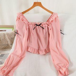 Bow Smocked Cropped Blouse