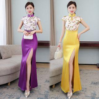 Cap-sleeve Floral Print Fringed Maxi Mermaid Qipao Dress