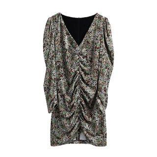 Long-sleeve V-neck Floral Print Mini Sheath Dress