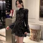 Long-sleeve Mock-neck Glitter A-line Mini Dress