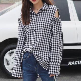 Cut Out Shoulder Gingham Long-sleeve Shirt