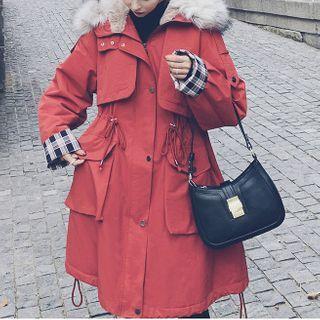 Faux Fur Trim Hooded Long Zip Coat