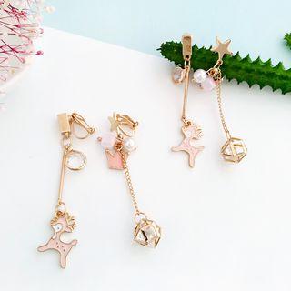 Non-matching Caged Rhinestone Faux Pearl & Deer Dangle Earring