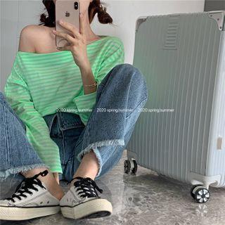 Off-shoulder Long-sleeve Striped Cropped T-shirt