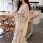 Dotted Long-sleeve Maxi Dress / Knit Vest
