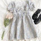 Puff-sleeve Lace Trim Bow Dress
