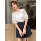 Set: Lace Short-sleeve Top + Asymmetric Pleated Mini A-line Skirt