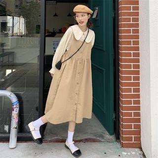 Long-sleeve Wide-collar Blouse / Midi A-line Overall Dress