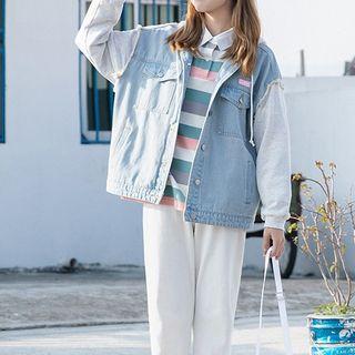 Mock Two-piece Hooded Button Jacket Gray & Blue - One Size